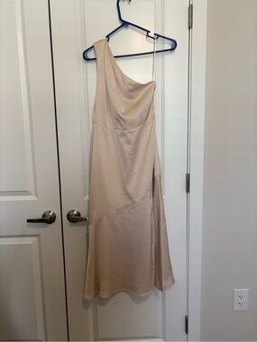 One-Shoulder Nude Color Satin Midi Dress